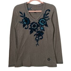 Double D Ranch Shirt Womens XS Brown Floral Embroidered Boho Western Cowgirl